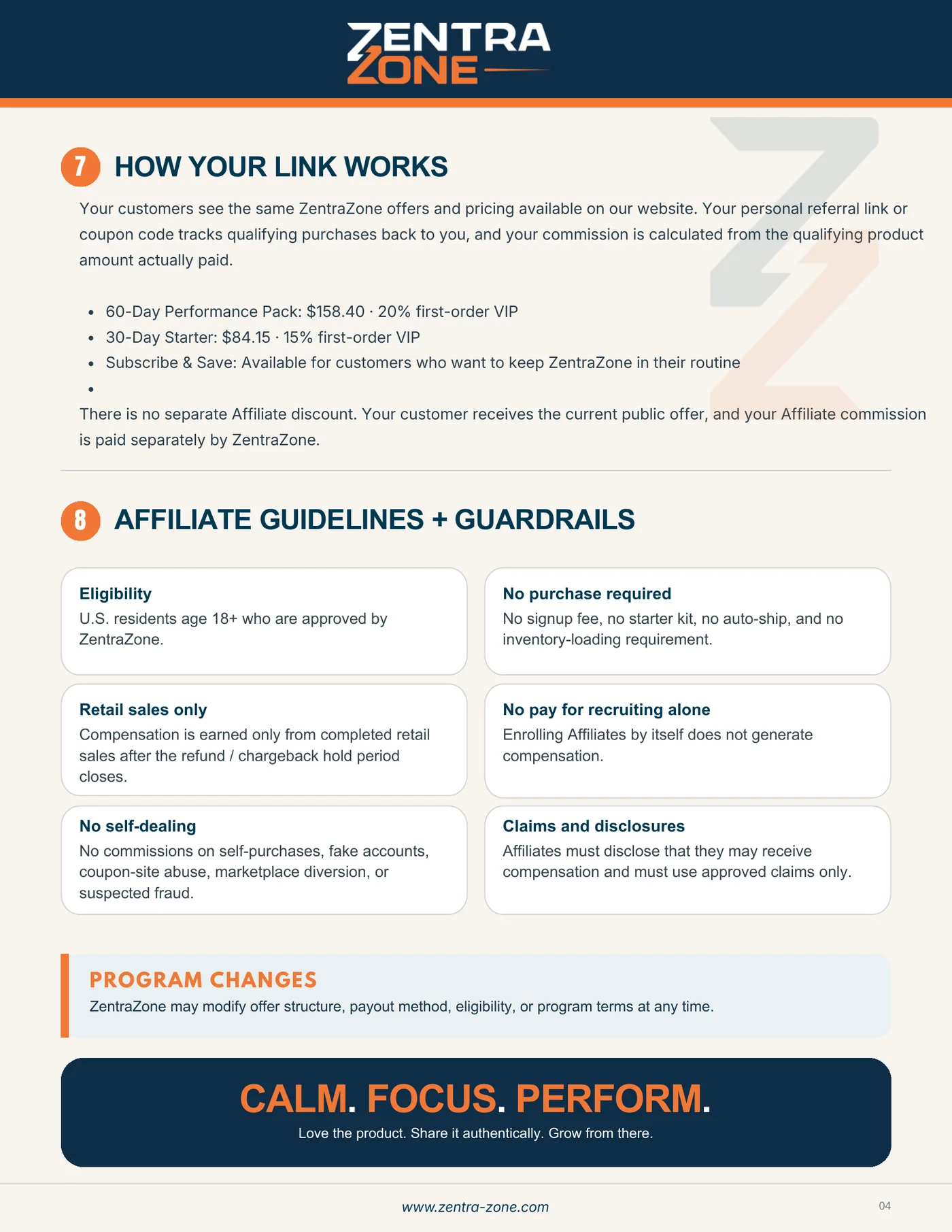ZentraZone Affiliate Plan page 4: how your link works and affiliate guidelines