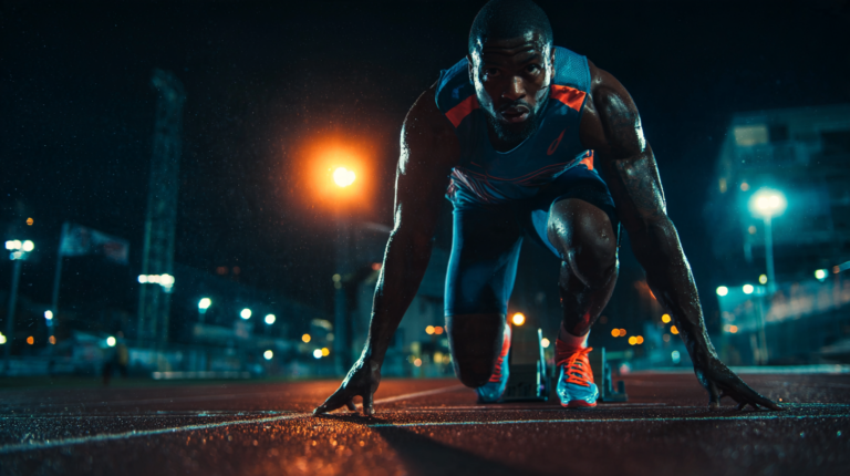 Sprinter in starting blocks on a track at night
