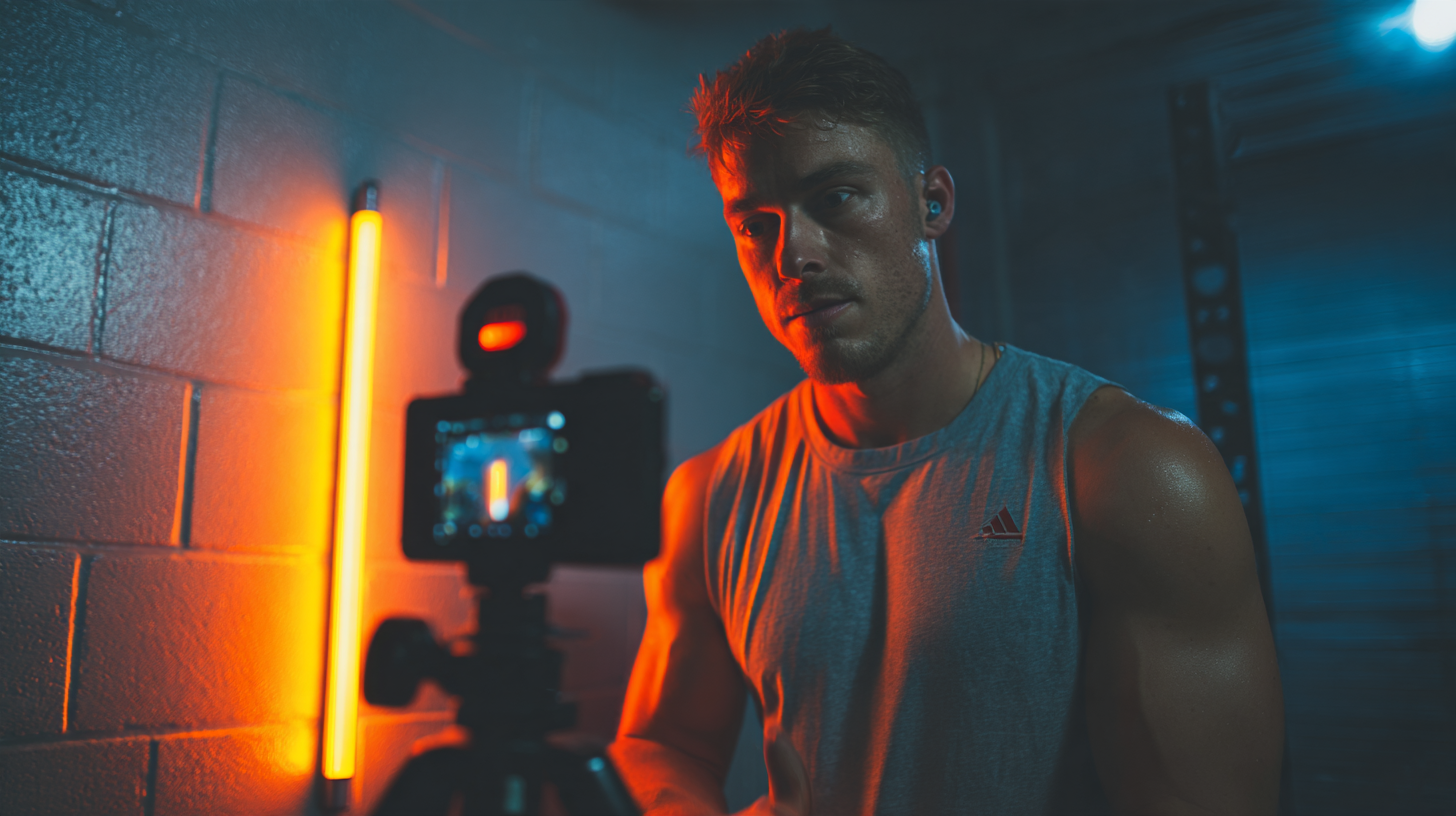 Athlete setting up a phone on a tripod to create content in a home gym