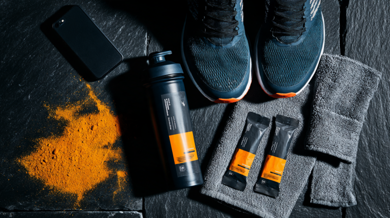 Training gear and drink mix packets on a dark slate